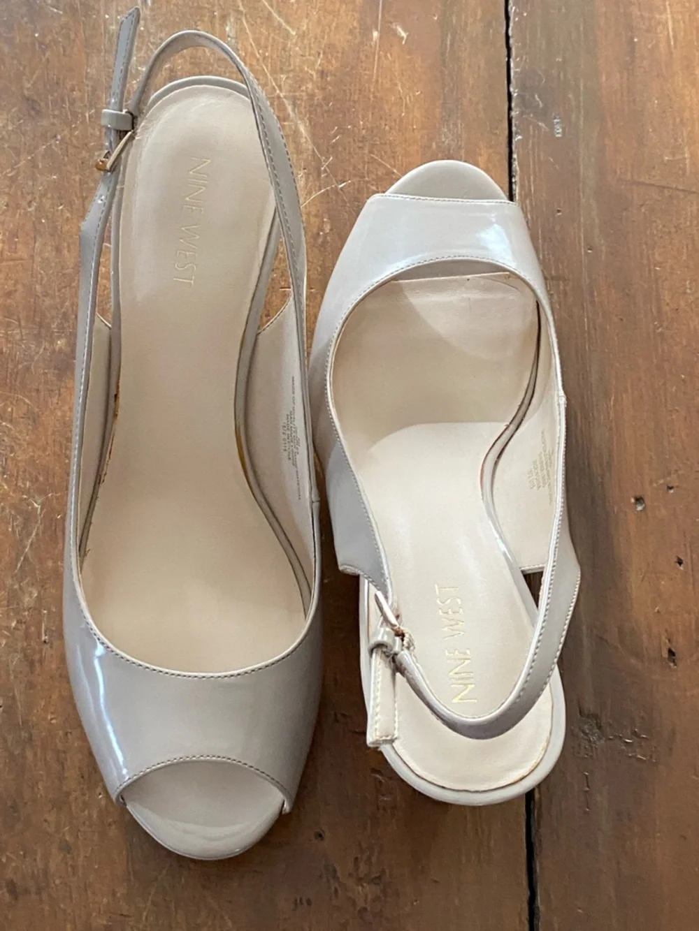 Nine West Taupe Patent Peep-Toe Slingback Heels - Picture 8 of 15